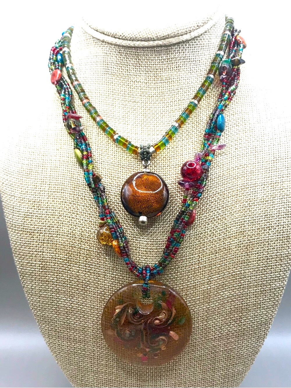 2 Boho Style Multicolor Beads & Glass Pendant Layering Necklaces